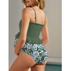 image:imageSummer Mae Maternity High Waist Swimsuit Ruffle Hem Bikini Bathing Suit Shirred Bandeau Two Piece Pregnancy SwimwearGreen Floral