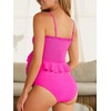 image:imageSummer Mae Maternity High Waist Swimsuit Ruffle Hem Bikini Bathing Suit Shirred Bandeau Two Piece Pregnancy SwimwearHot Pink