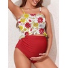 image:imageSummer Mae Maternity High Waist Swimsuit Ruffle Hem Bikini Bathing Suit Shirred Bandeau Two Piece Pregnancy SwimwearRed Yellow Flowers