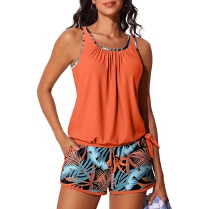 image:imageSummer Mae Blouson Womens Tankini Swimsuits with Shorts Tummy Control Bathing Suits Side Pockets 2026Tropical Green Foliage
