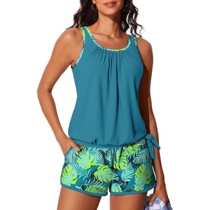 image:imageSummer Mae Blouson Womens Tankini Swimsuits with Shorts Tummy Control Bathing Suits Side Pockets 2026Tropical Green Leaves