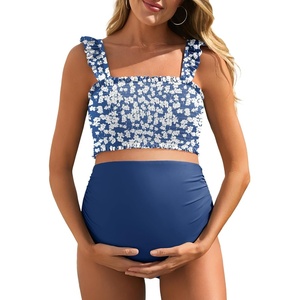 image:imageSummer Mae Maternity High Waist Bikini Swimsuit Two Piece Ruffled Hem Cute Bathing Suit Floral Pregnancy SwimwearRed Scrawlflower