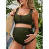 image:imageSummer Mae Maternity Ribbed High Waist Swimsuit Crop Top Bikini Bathing Suit High Cut Two Piece Pregnancy SwimwearArmy Green