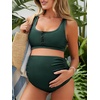 image:imageSummer Mae Maternity Ribbed High Waist Swimsuit Crop Top Bikini Bathing Suit High Cut Two Piece Pregnancy SwimwearDeep Green