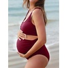 image:imageSummer Mae Maternity Ribbed High Waist Swimsuit Crop Top Bikini Bathing Suit High Cut Two Piece Pregnancy SwimwearWine Red