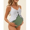 image:imageSummer Mae Maternity Swimsuit One Piece Ruffle Cutout Pregnancy Bathing Suit Lace Up SwimwearGreen Stripe