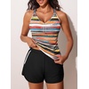 image:imageSummer Mae Modest Tankini Swimsuits for Women 2026 Two Piece Bathing Suits with Sporty Pockets Boy Shorts for Tummy ControlWave Point Stripe Geometry