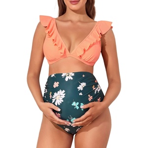 image:imageSummer Mae Maternity High Waist Swimsuit Two Piece Ruffle Bikini Bathing Suit Floral VNeck Pregnancy SwimwearVery Daisy