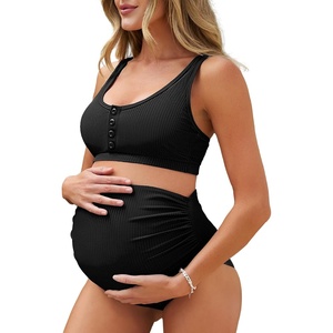 image:imageSummer Mae Maternity Ribbed High Waist Swimsuit Crop Top Bikini Bathing Suit High Cut Two Piece Pregnancy SwimwearBlack