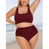 image:imageSummer Mae Plus Size Women Ribbed Bikini Set Two Piece High Waist Swimsuit Scoop Top Tummy Control Bathing Suit SwimwearBurgundy