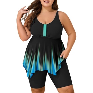image:imageSummer Mae Plus Size Swimsuit Tankini for Women Two Piece Bathing Suit Flowy 2025 Rash Guard Swimwear with Capris ShortsBlue Black Gradient
