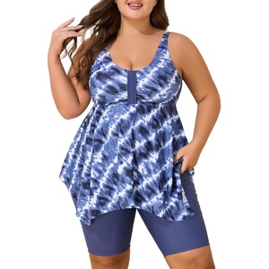 image:imageSummer Mae Plus Size Swimsuit Tankini for Women Two Piece Bathing Suit Flowy 2025 Rash Guard Swimwear with Capris ShortsTie Dye Print