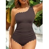 image:imageSummer Mae One Shoulder Womens One Piece Swimsuit Ribbed Scalloped Swim Suits Slimming Full Coverage Modest Bathing SuitBrown