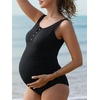 image:imageSummer Mae Womens Maternity Tummy Control Swimsuit Ribbed One Piece Bathing Suit Button Neck Swimwear Black Large