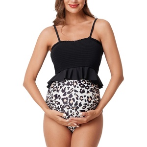 image:imageSummer Mae Maternity High Waist Swimsuit Ruffle Hem Bikini Bathing Suit Shirred Bandeau Two Piece Pregnancy SwimwearLeopard