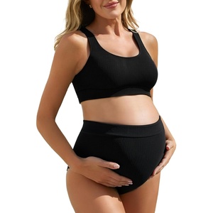 image:imageSummer Mae Seamless Maternity Bikini Swimsuit One Size Fits SXL Two Piece Bathing Suit Ribbed High Waist Pregnancy SwimwearBlack