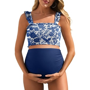 image:imageSummer Mae Maternity Swimsuit Ruffled Two Piece Bikini High Waist Swimwear  Pregnancy bathing suitShirred bandeau topRuffle hemRemovable PadsHighstretchCuteFloralStrapless bikiniBeachBabymoonWhite Floral