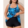 image:imageSummer Mae Plus Size Tankini Swimsuits for Women Ribbed Two Piece Swimwear  Tummy controlAdjustble criss strapsSwim shorts with pockets2pieceRemovable paddedBeachPoolCruiseTropical vacationTiedye Blue Leaves