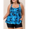 image:imageSummer Mae Plus Size Tankini Swimsuits for Women Ribbed Two Piece Swimwear  Tummy controlAdjustble criss strapsSwim shorts with pockets2pieceRemovable paddedBeachPoolCruiseTropical vacationTiedye Blue Leaves