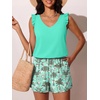 image:imageSummer Mae Ruffled Swim Romper One Piece Swimsuit Women Modest Bathing Suit  Highback designV neckDouble layer swim shorts with pocketsHigh waistTummy controlModestBlousonBeachTropical vacationBlue Leopard Coconut Tree