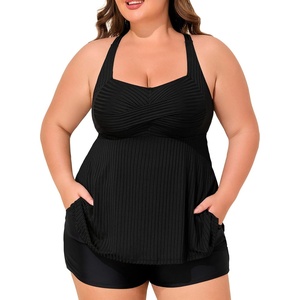image:imageSummer Mae Plus Size Tankini Swimsuits for Women Ribbed Two Piece Swimwear  Tummy controlAdjustble criss strapsSwim shorts with pockets2pieceRemovable paddedBeachPoolCruiseTropical vacationRibbed Black