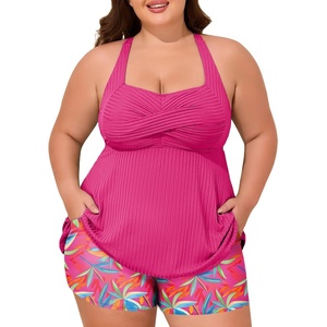 image:imageSummer Mae Plus Size Tankini Swimsuits for Women Ribbed Two Piece Swimwear  Tummy controlAdjustble criss strapsSwim shorts with pockets2pieceRemovable paddedBeachPoolCruiseTropical vacationRibbed Pink Leaves