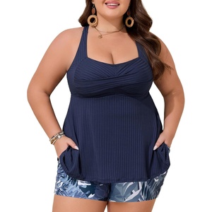 image:imageSummer Mae Plus Size Tankini Swimsuits for Women Ribbed Two Piece Swimwear  Tummy controlAdjustble criss strapsSwim shorts with pockets2pieceRemovable paddedBeachPoolCruiseTropical vacationRibbed Blue Leaves
