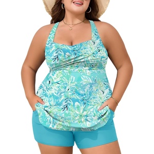 image:imageSummer Mae Plus Size Tankini Swimsuits for Women Ribbed Two Piece Swimwear  Tummy controlAdjustble criss strapsSwim shorts with pockets2pieceRemovable paddedBeachPoolCruiseTropical vacationAbstract Flower Clusters