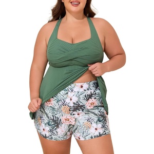 image:imageSummer Mae Plus Size Tankini Swimsuits for Women Ribbed Two Piece Swimwear  Tummy controlAdjustble criss strapsSwim shorts with pockets2pieceRemovable paddedBeachPoolCruiseTropical vacationRibbed Green Hawaii