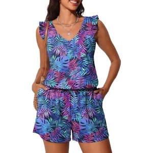 image:imageSummer Mae Ruffled Swim Romper One Piece Swimsuit Women Modest Bathing Suit  Highback designV neckDouble layer swim shorts with pocketsHigh waistTummy controlModestBlousonBeachTropical vacationPurple Leaf Shadows