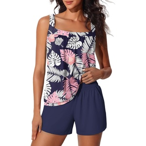 image:imageSummer Mae Blouson Womens Tankini Swimsuits Tummy Control Bathing  Modest tankini with adjustable strapsbuiltin briefswim shorts with pocketsplus for beachpoolvacationPink Leaves