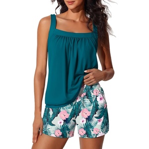 image:imageSummer Mae Blouson Womens Tankini Swimsuits Tummy Control Bathing  Modest tankini with adjustable strapsbuiltin briefswim shorts with pocketsplus for beachpoolvacationHibiscus With Palm Leaves