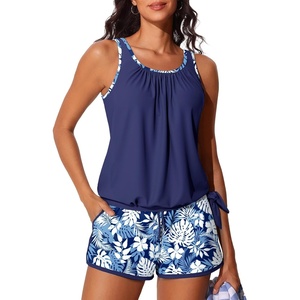 image:imageSummer Mae Blouson Womens Tankini Swimsuits with Shorts Bathing Suits 2026  Side PocketsTummy ControlBuiltin Brief Modest FitRemovable PadsSlimming Coverage for Beach VacationsBlue White Grasses