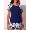 image:imageSummer Mae Womens Modest Tankini Swimsuits Short Sleeve Shirt with ShortsMonstera Leaf Silhouette