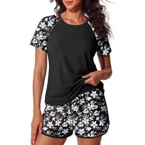 image:imageSummer Mae Womens Modest Tankini Swimsuits Short Sleeve Shirt with ShortsWhite Flowers