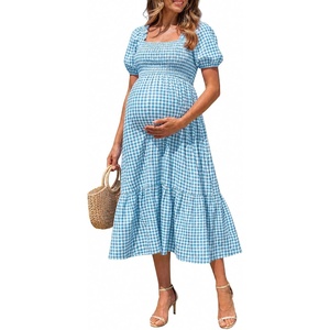 image:imageSummer Mae Smocked Maternity Dress Puff Sleeve Baby Shower Casual OutfitBlue Gingham