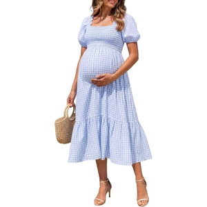 image:imageSummer Mae Smocked Maternity Dress Puff Sleeve Baby Shower Casual OutfitLight Blue Gingham