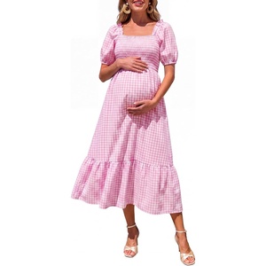 image:imageSummer Mae Smocked Maternity Dress Puff Sleeve Baby Shower Casual OutfitPink Gingham
