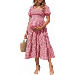 image:imageSummer Mae Smocked Maternity Dress Puff Sleeve Baby Shower Casual OutfitRed Gingham